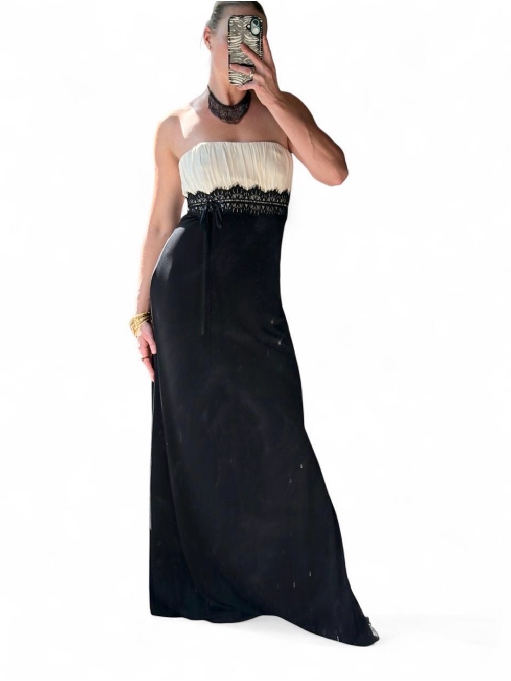 BCBG Sill Strapless Black and Cream Lace-Trim Maxi Dress